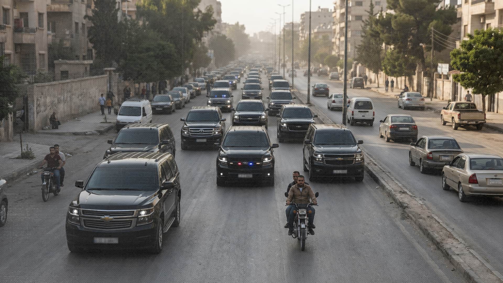  صورة سوريا: موكب من ٢٦ سيارة شيفروليه تاهو ينطلق الآن من وزارة الطاقة لمتابعة مشكلة طوابير البنزين