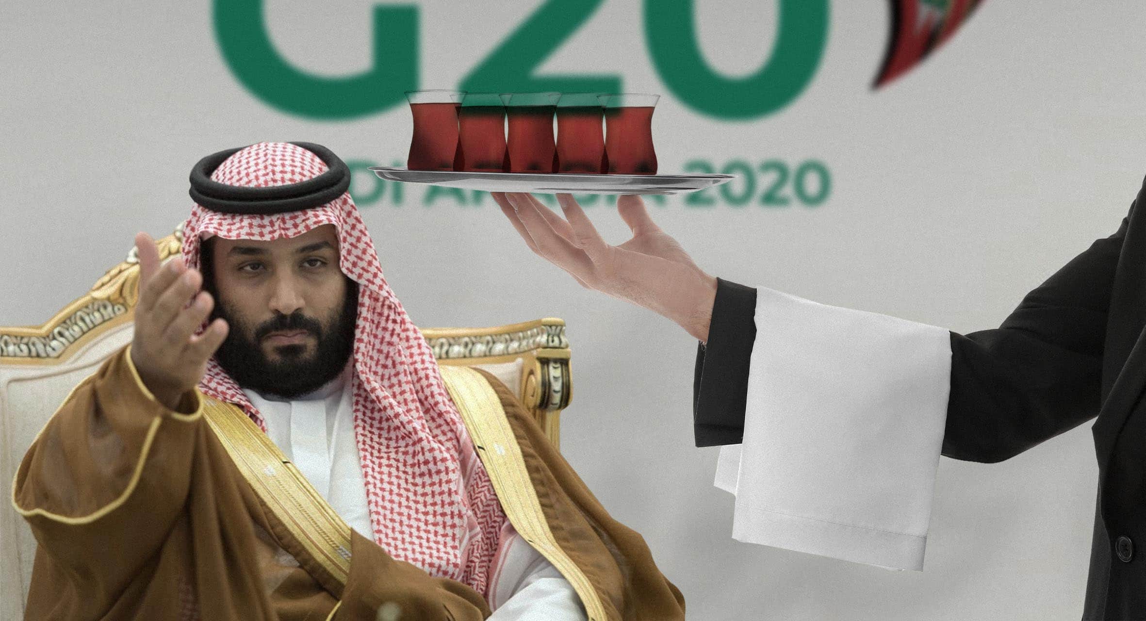 صورة ابن سلمان يُسَخِّر معتقلي الرأي للتخديم على ضيوفه الكرام من مجموعة العشرين