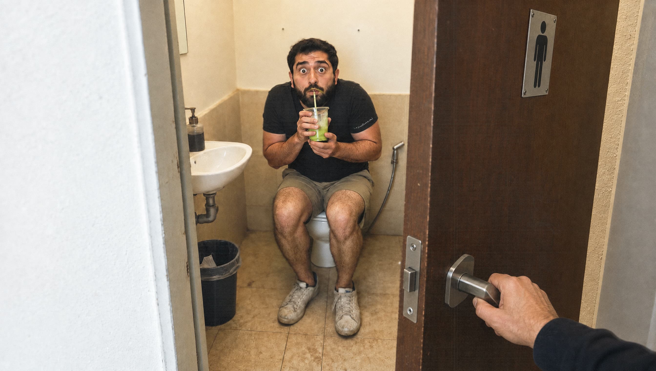 صورة ضبط شاب اختبأ في حمام مقهى ليشرب الماتشا