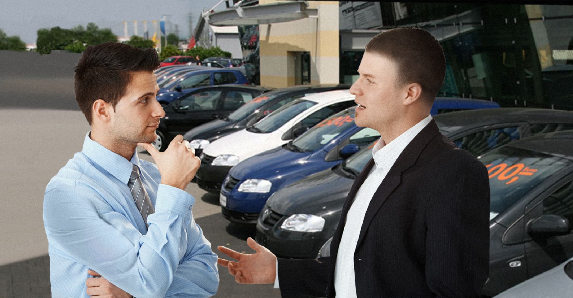 صورة شاب ينصح صديقه بالتريّث قبل شراء سيارة لوجود إشاعة قويّة بأن أسعار السيارات ستنخفض وتعمل بالطاقة الشمسيّة وتمتلك خاصية الطيران