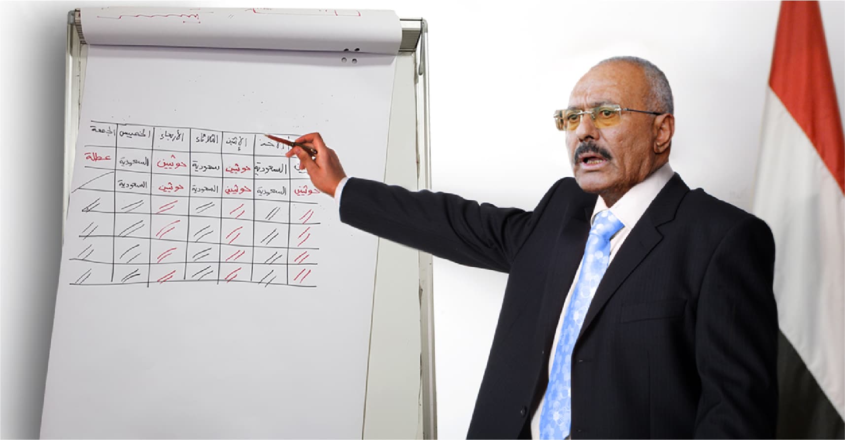 صورة علي عبد الله صالح يقرر التحالف مع السعودية ضد الحوثيين كل أحد وثلاثاء وخميس، والانضمام للحوثيين في تصديهم للسعودية في السبت والاثنين والأربعاء