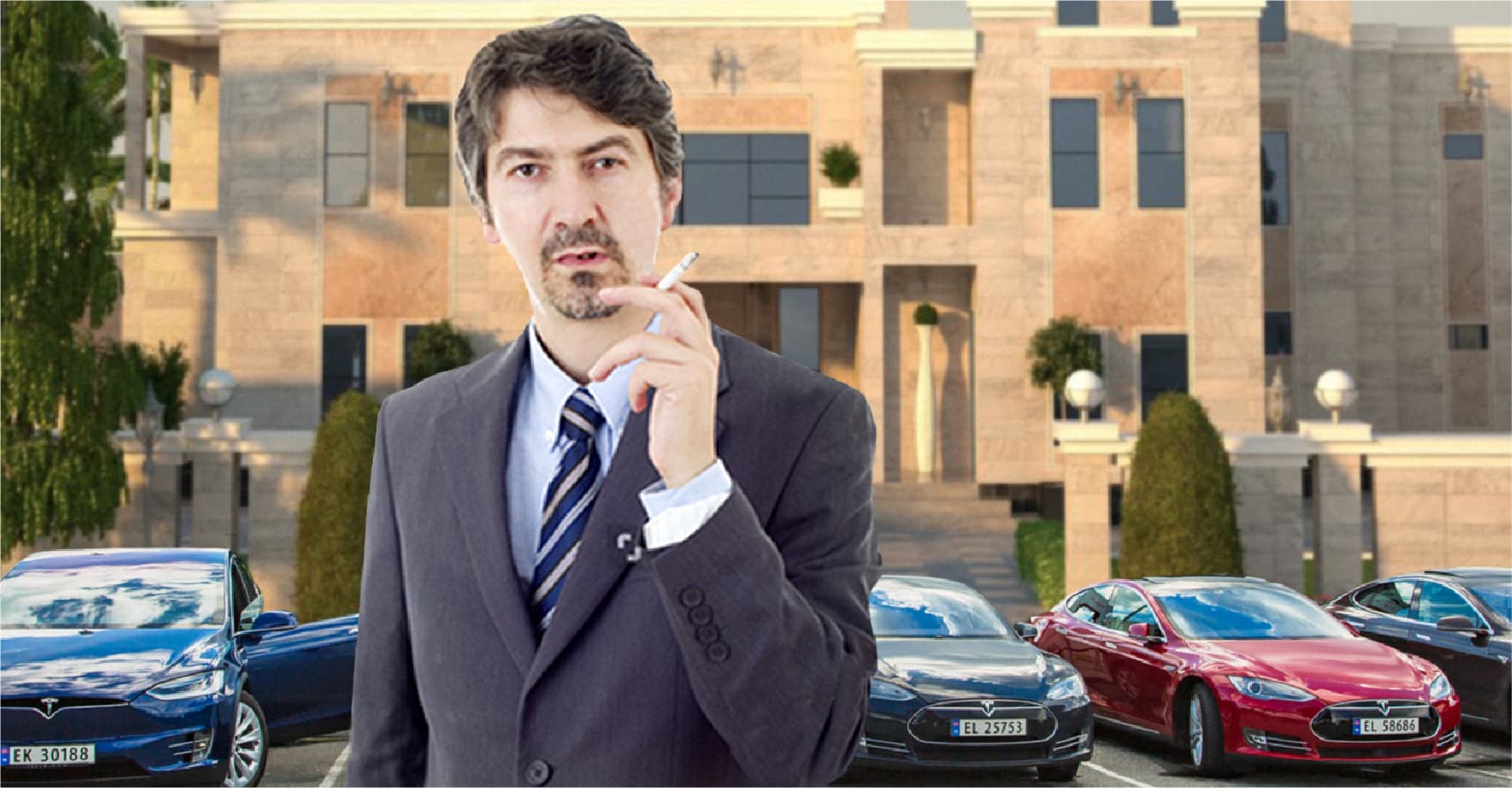 صورة وزير يصرف لنفسه ولأولاده أحدث وأغلى موديل سيارة تيسلا، حفاظاً على البيئة طبعا