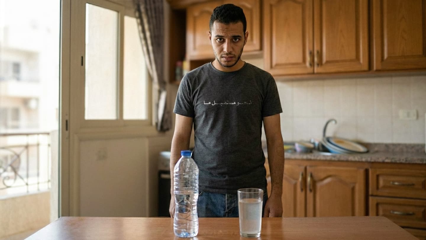 صورة مواطن مصري يتردد بين المخاطرة بشرب المياه والمخاطرة بفتح فمه