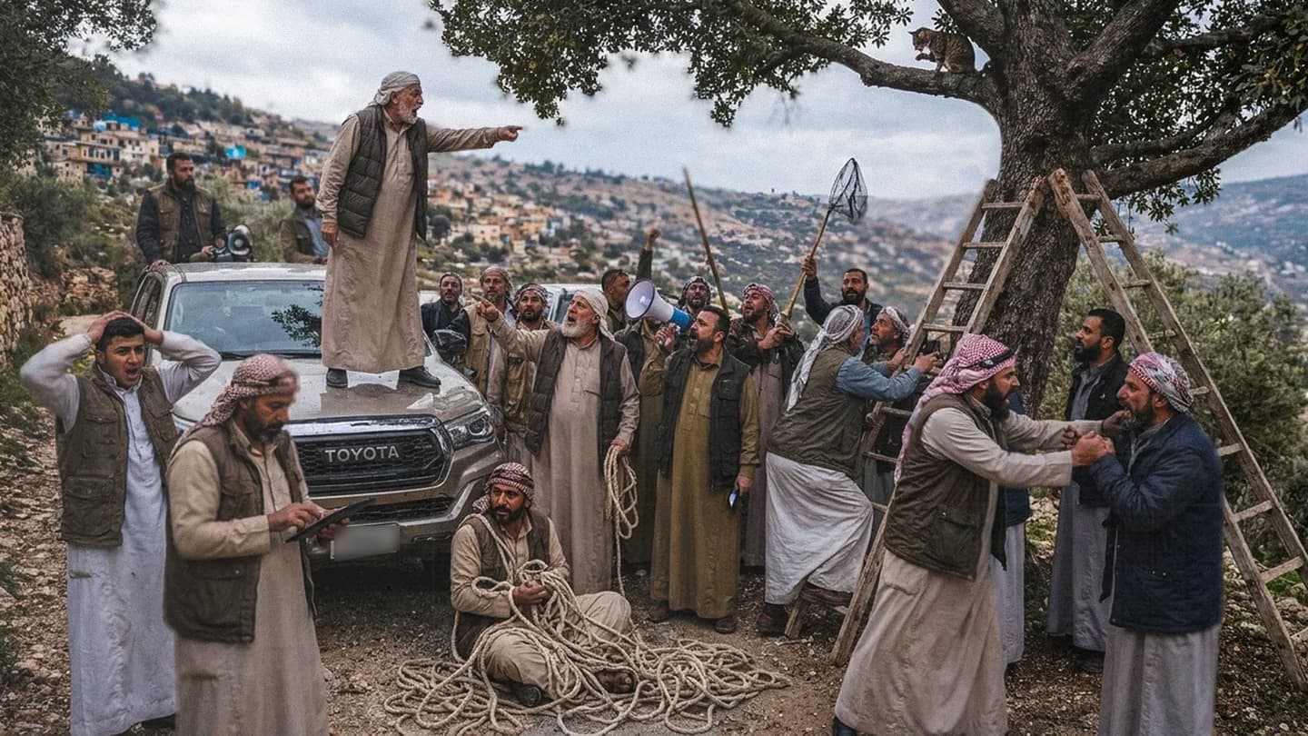 صورة الحدود ٢٠٤٠: العشائر السورية تعلن النفير العام لإنقاذ قطة عالقة في اللاذقية