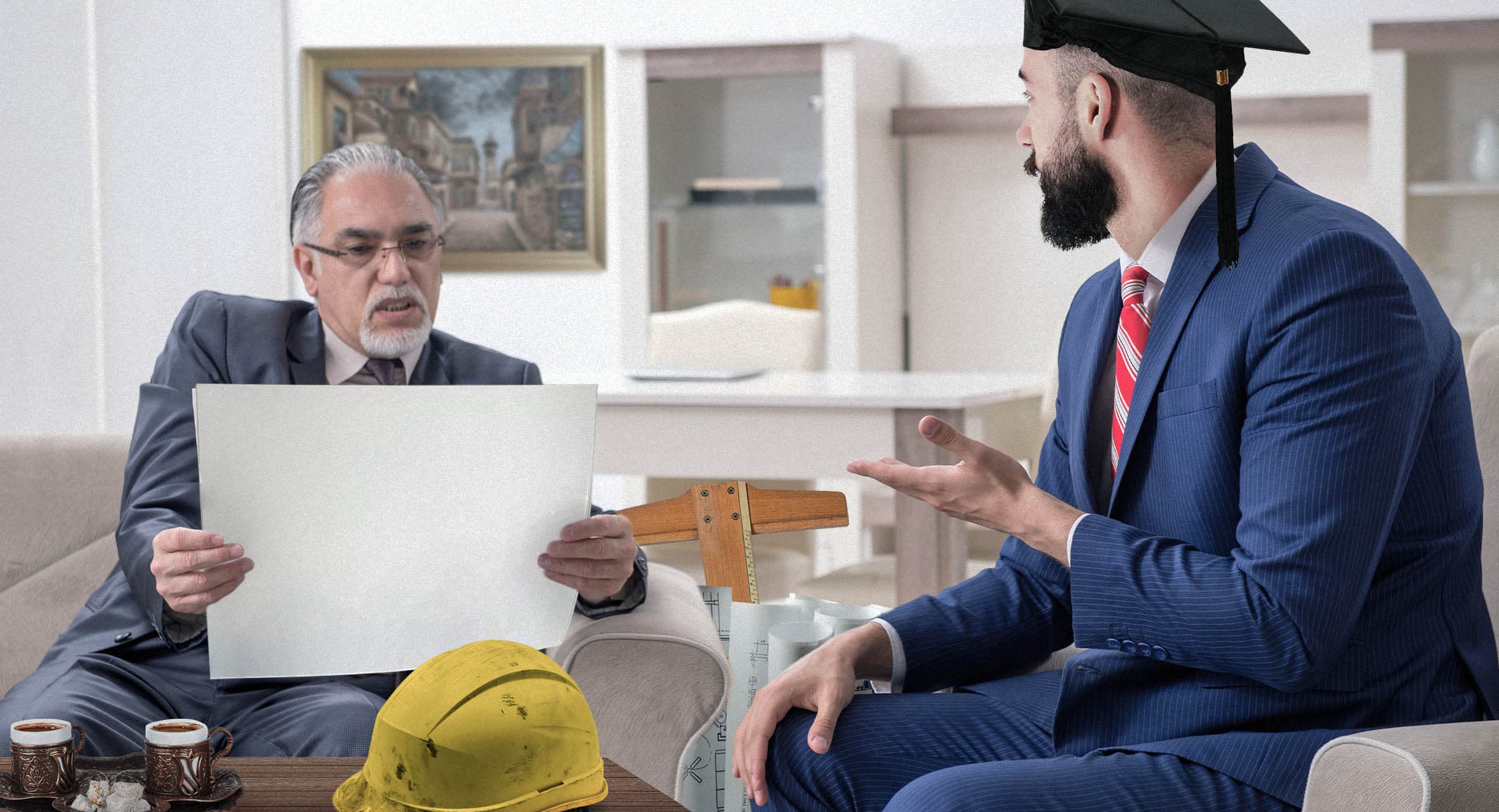 صورة مهندس يأخذ شهادته الجامعية ومشروع تخرجه ومسطرة T معه لطلب يد فتاة