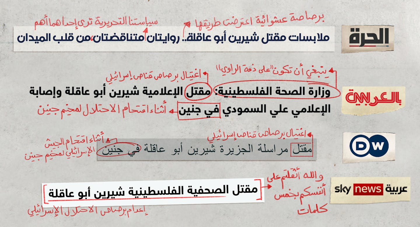 صورة مواقع صحفية تؤكد اعتراض شيرين أبو عاقلة لقطعة حديد وبارود صغيرة كانت تسبح في الهواء