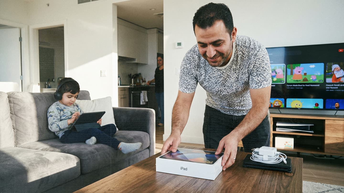 صورة أب يقتني آيباد ثانٍ لابنه في حال التهى عن الأول