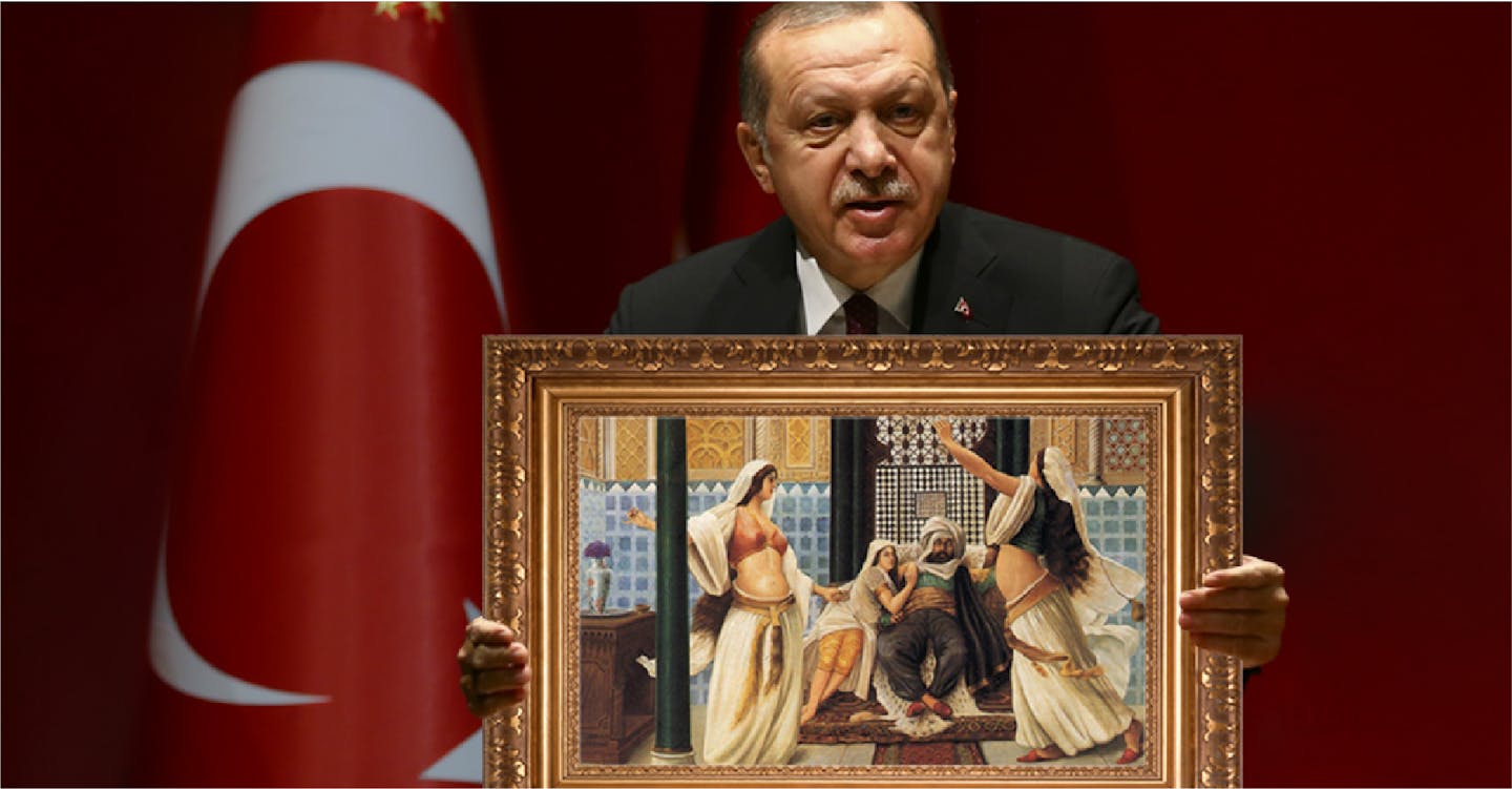 صورة إردوغان يدعو لعودة تُركيا إلى قيمها العثمانية المجيدة بتحريم الزنا وإباحة السبي والجواري